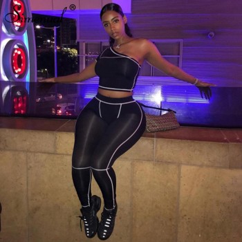 Simenual Sporty Fashion Active Wear Black Fitness Tracksuits One Shoulder 2 Piece Set Women Workout Crop Top And Leggings Sets